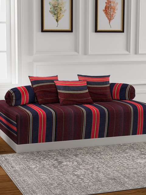 

NEUDIS Set Of 6 Maroon & Navy Blue Striped Premium Cotton Corduroy Diwan Set