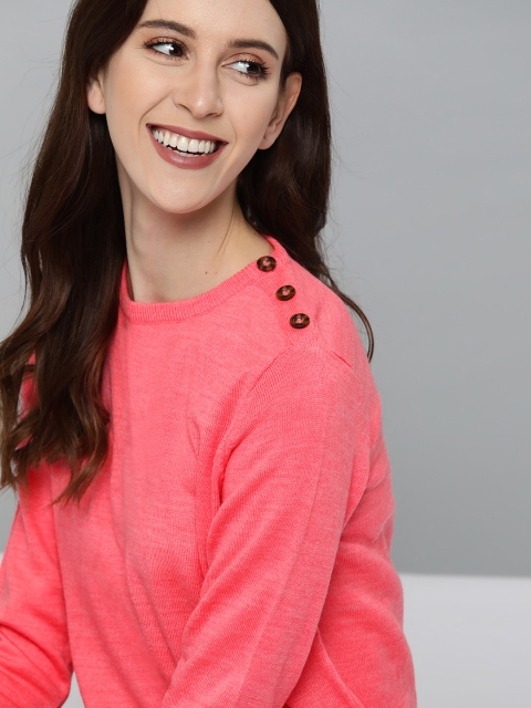 

Mast & Harbour Women Coral Pink Solid Acrylic Pullover