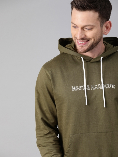 

Mast & Harbour Men Olive Green Printed Hooded Sweatshirt