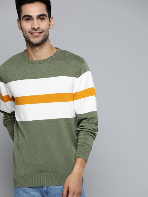 

Mast & Harbour Men Olive Green & White Colourblocked Pullover