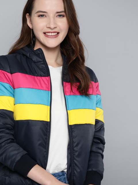 Women Navy Blue & Yellow Hooded Striped Bomber Jacket