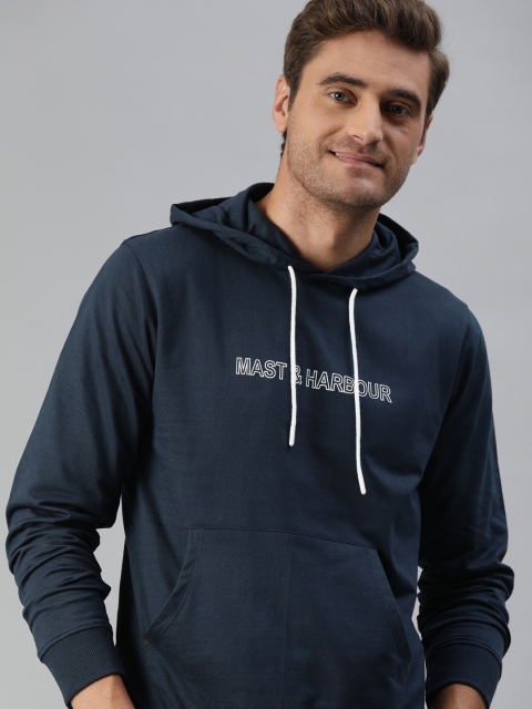 

Mast & Harbour Men Navy Blue Printed Hooded Sweatshirt