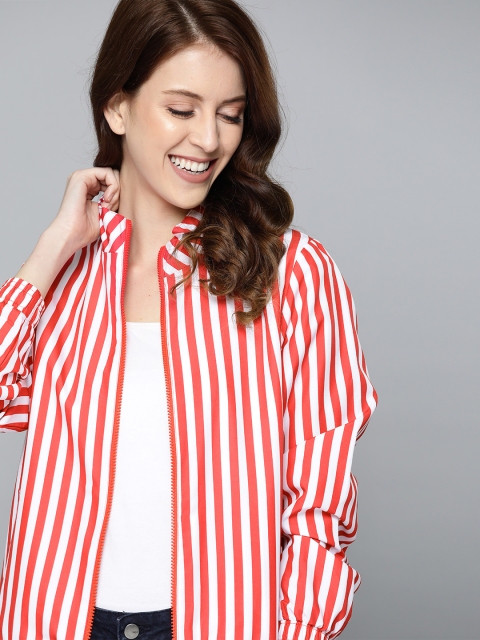 

Mast & Harbour Women Red & White Striped Lightweight Bomber Jacket