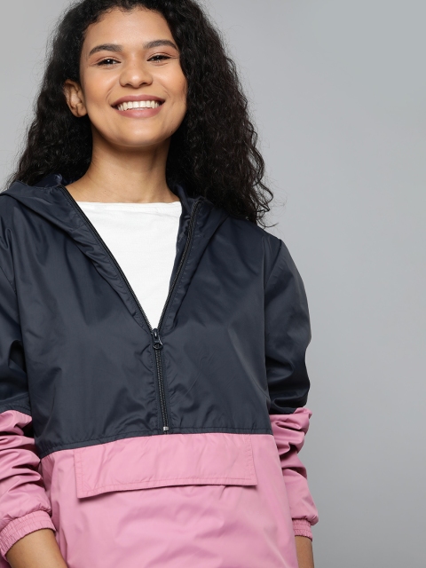 

Mast & Harbour Women Navy & Pink Colourblocked Hooded Tailored Jacket, Navy blue