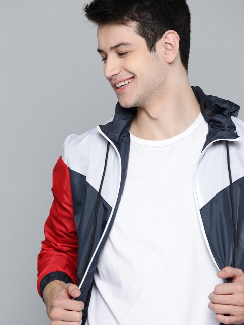 Men Navy Blue and White Colourblocked Lightweight Bomber Jacket