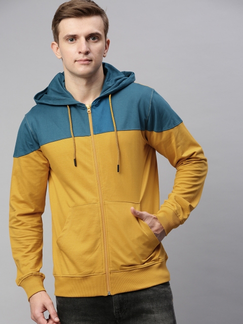 

Mast & Harbour Men Mustard Yellow & Teal Colourblocked Hooded Sweatshirt