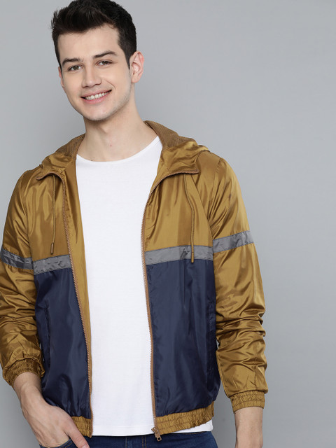 

Mast & Harbour Mustard Yellow & Navy Blue Lightweight Colourblocked Hooded Bomber Jacket
