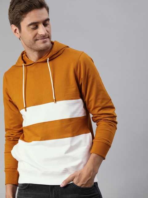 

Mast & Harbour Men Mustard Yellow & White Colourblocked Hooded Sweatshirt