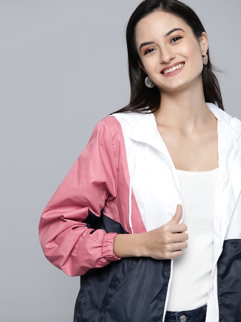 Women Pink & Navy Colourblocked Hooded Lightweight Bomber Jacket