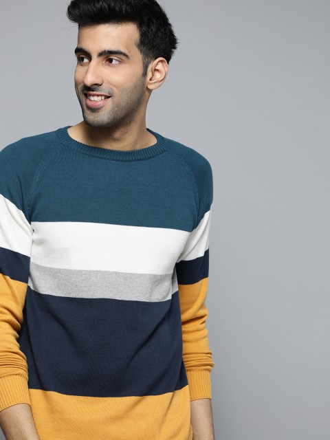 

Mast & Harbour Men Navy Blue & Mustard Yellow Striped Pullover