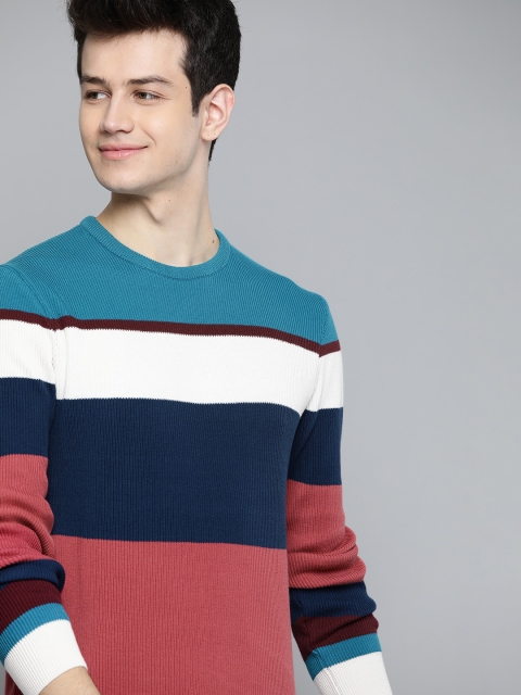 

Mast & Harbour Men Blue & Pink Ribbed Colourblocked Pullover