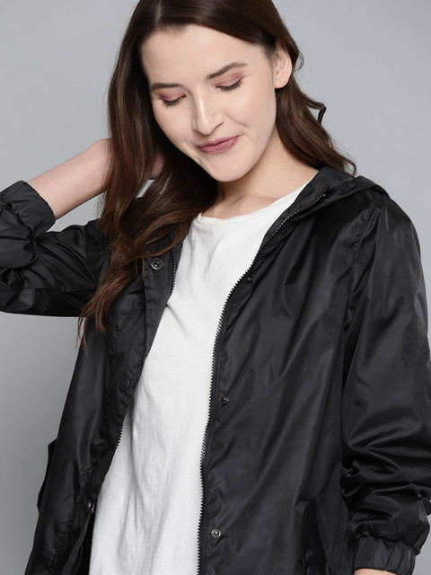 

Mast & Harbour Women Black Solid Hooded Longline Rain Jacket