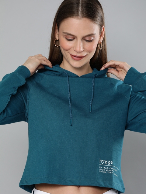 

Mast & Harbour Women Teal Blue Solid Relaxed Hooded Crop Pullover Sweatshirt with Prints