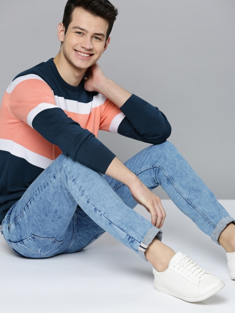 

Mast & Harbour Men Navy Blue & Peach-Coloured Colourblocked Pullover