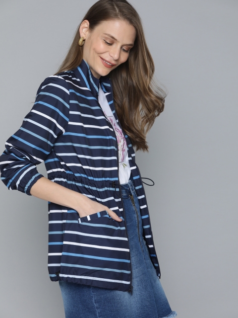 

Mast & Harbour Women Navy Blue & White Striped Longline Tailored Jacket