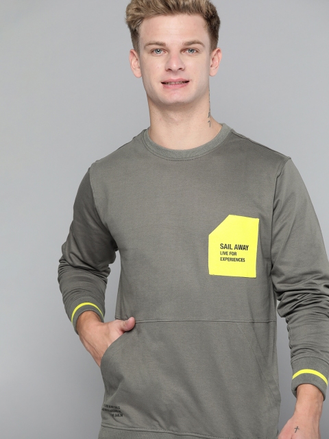 

Mast & Harbour Men Charcoal Grey Solid Sweatshirt with Printed & Applique Detail
