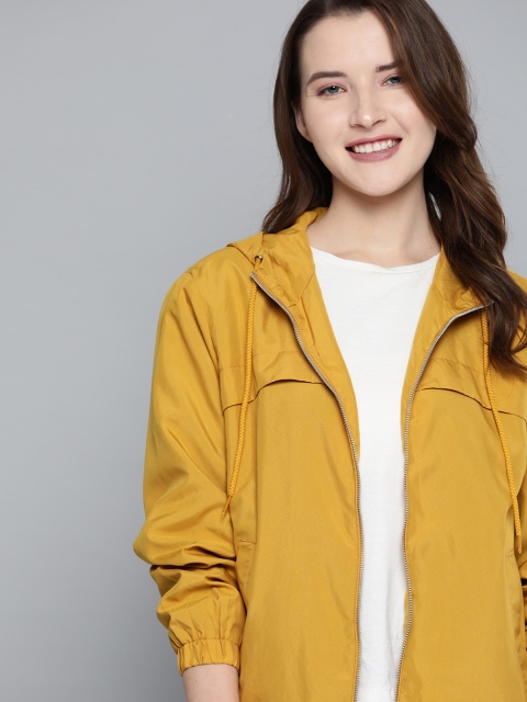 Women Mustard Yellow Solid Lightweight Hooded Tailored Jacket