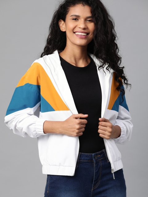 

Mast & Harbour Women White & Blue Colourblocked Hooded Lightweight Bomber Jacket