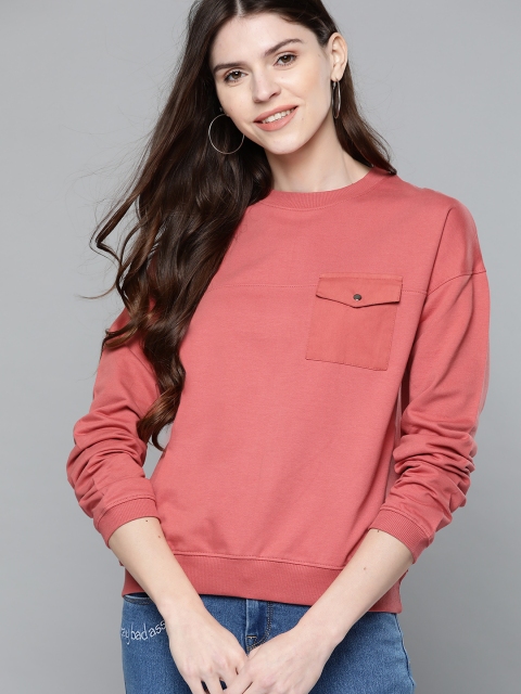 

Mast & Harbour Women Coral Pink Solid Sweatshirt