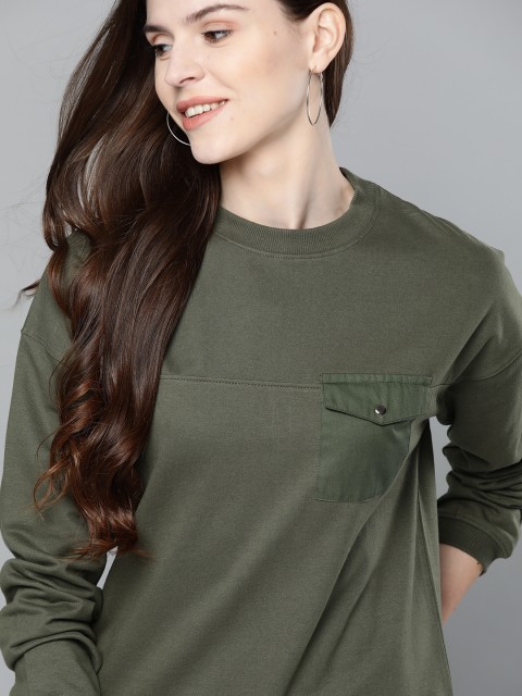 

Mast & Harbour Women Olive Green Solid Sweatshirt