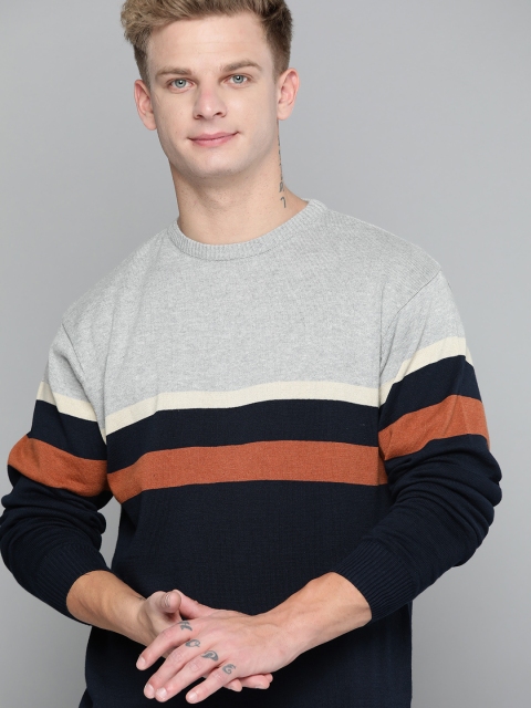 

Mast & Harbour Men Grey Melange & Navy Blue Colourblocked Pullover