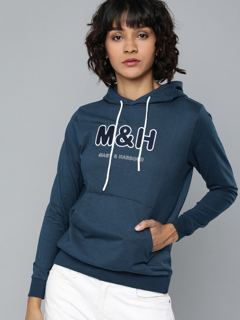 

Mast & Harbour Women Blue Embroidered Hooded Sweatshirt