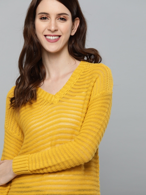 

Mast & Harbour Women Mustard Yellow Self Design Pullover