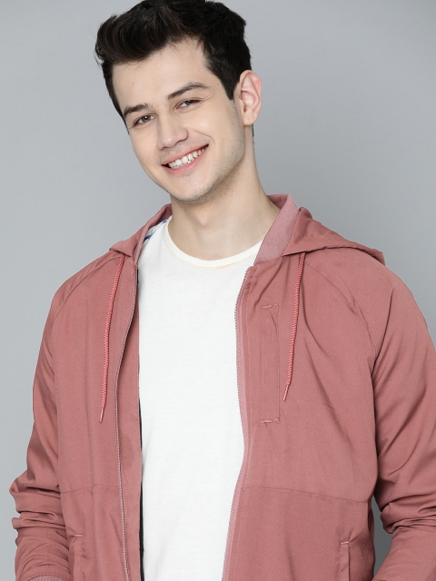 Men Dusty Pink Self Design Hooded Tailored Jacket
