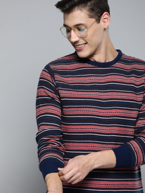 Men Navy Blue & Coral Red Striped Pullover