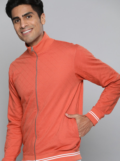 

Mast & Harbour Men Coral Orange Quilted Self Design Sweatshirt