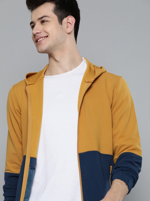 

Mast & Harbour Men Mustard Yellow & Navy Colourblocked Hooded Tailored Jacket
