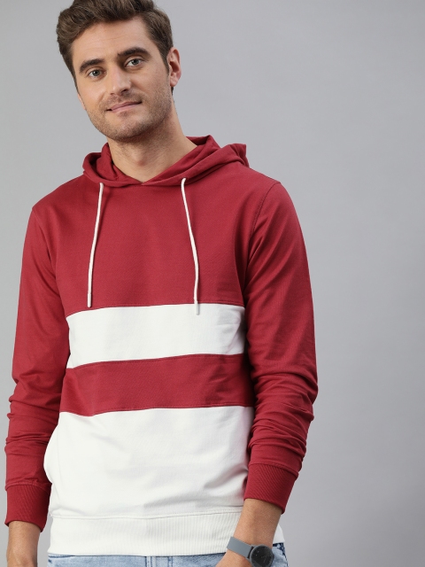 

Mast & Harbour Men Red & White Colourblocked Hooded Sweatshirt