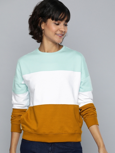 

Mast & Harbour Women Turquoise Blue & White Colourblocked Pullover Sweatshirt