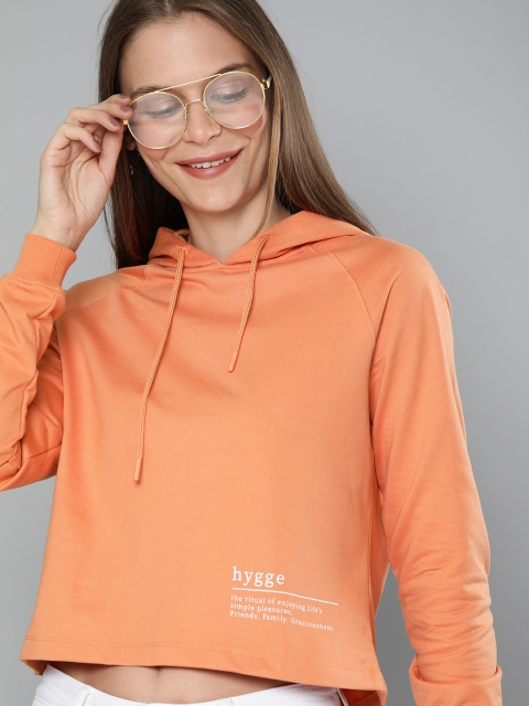 

Mast & Harbour Women Peach-Coloured Solid Relaxed Hooded Pullover Sweatshirt with Prints