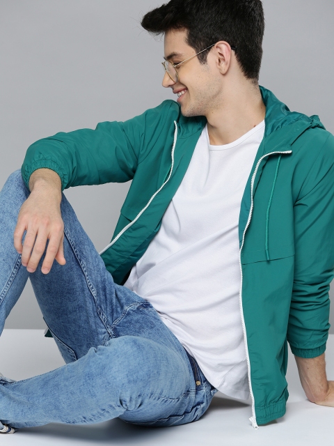 

Mast & Harbour Men Green Solid Hooded Lightweight Bomber Jacket