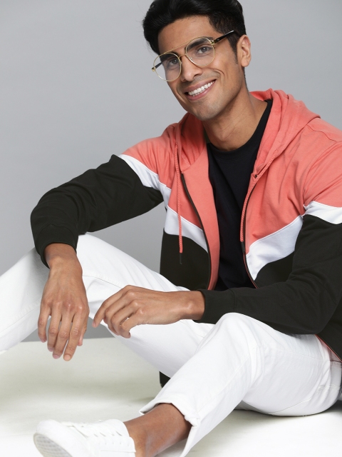 

Mast & Harbour Men Coral Pink & Black Colourblocked Hooded Sweatshirt