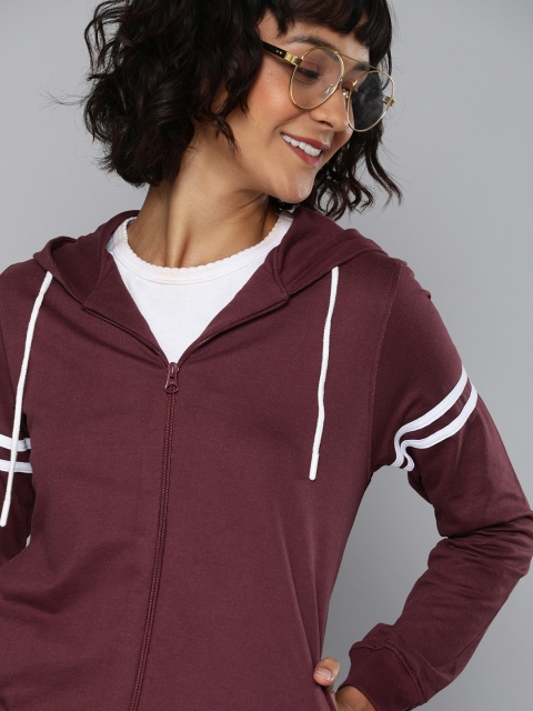 

Mast & Harbour Women Burgundy Solid Hooded Sweatshirt