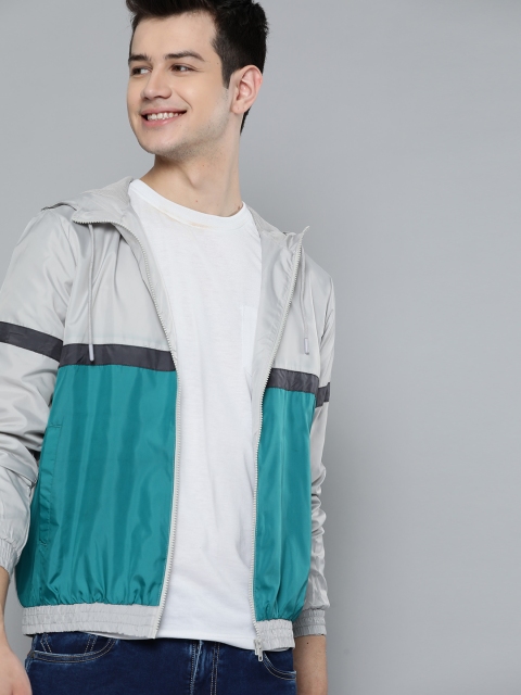 Men Teal Blue & Grey Lightweight Colourblocked Hooded Bomber Jacket
