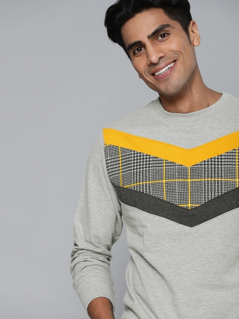 

Mast & Harbour Men Grey Melange & Yellow Colourblocked Pullover Sweatshirt