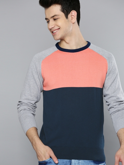 

Mast & Harbour Men Navy & Peach-Coloured Colourblocked Pullover, Navy blue