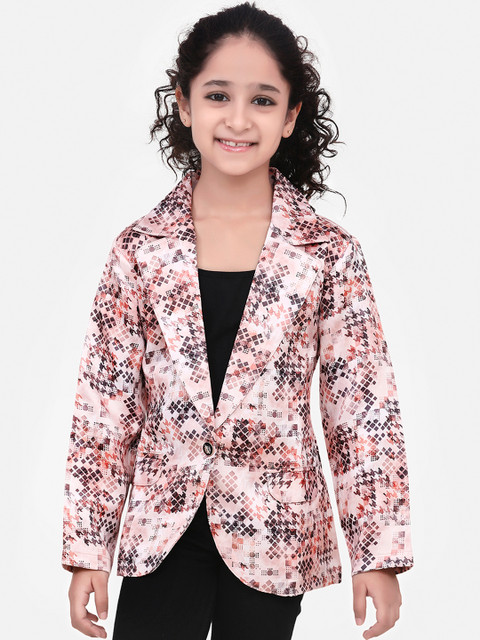 

LilPicks Girls Peach-Coloured & Black Aztec Digital Printed Single-Breasted Formal Blazer