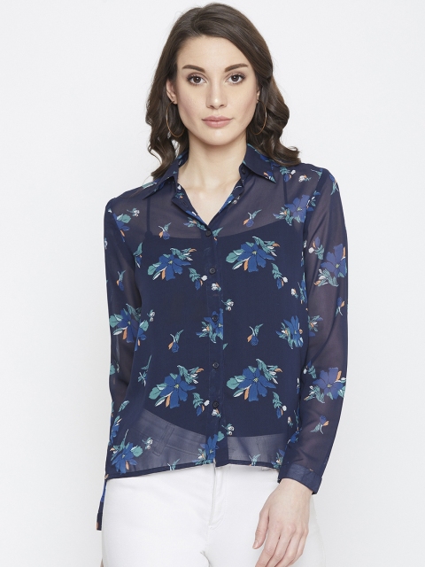 

PURYS Women Navy Blue Regular Fit Floral Printed Casual Shirt