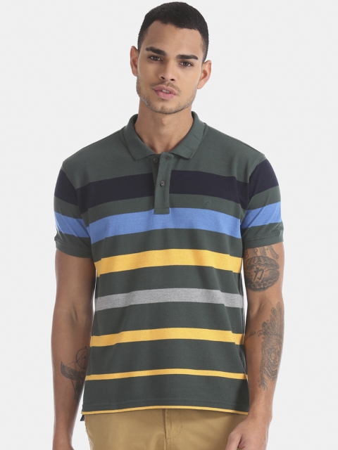 

RUF & TUF Men Grey & Yellow Striped Polo Collar T-shirt