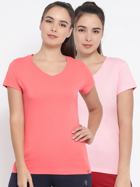 

Macrowoman W-Series Women Pack Of 2 Solid V-Neck T-shirts, Coral