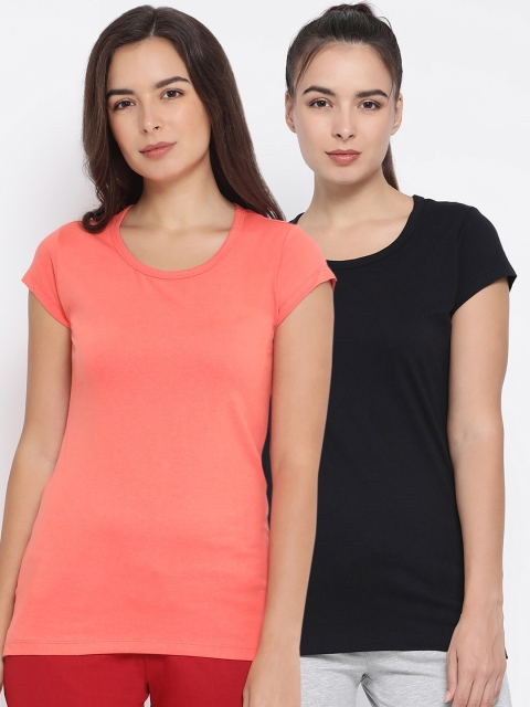 

Macrowoman W-Series Women Pack Of 2 Solid Round Neck T-shirts, Coral