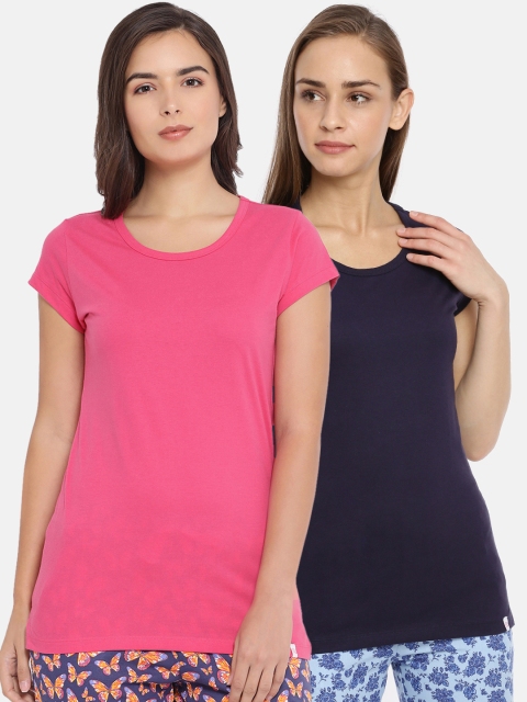 

Macrowoman W-Series Women Pack Of 2 Pink & Navy Blue Solid Lounge T-Shirts