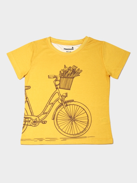 

mezmoda Girls Yellow Printed Round Neck T-shirt