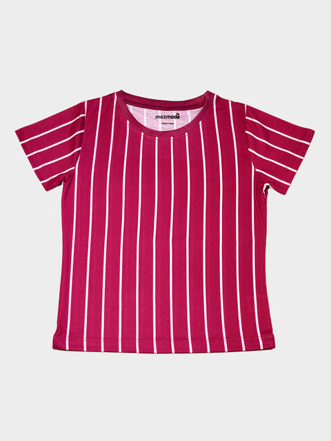 

mezmoda Girls Red & Off-White Striped Round Neck T-shirt