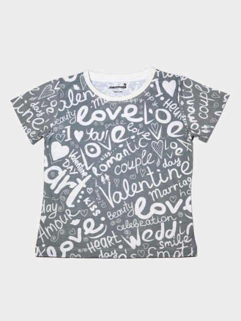

mezmoda Girls Grey & White Printed Round Neck T-shirt