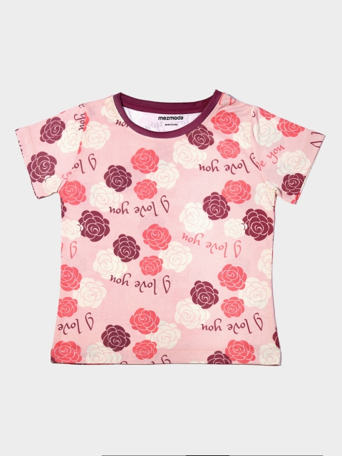 

mezmoda Girls Pink Floral Printed Round Neck T-shirt